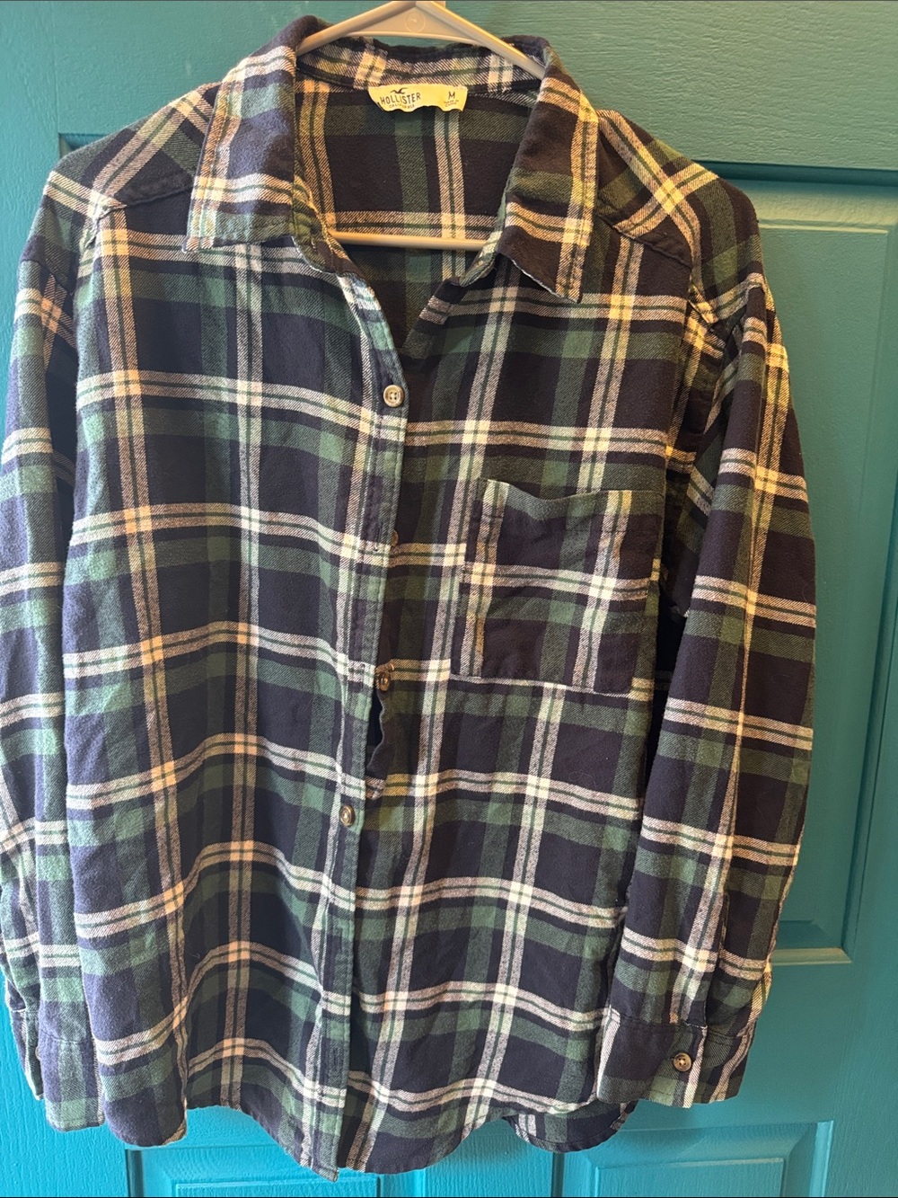 Hollister Green & Navy Plaid Button-Down Flannel Shirt medium